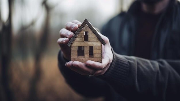 A person holding a small wooden house in their hands