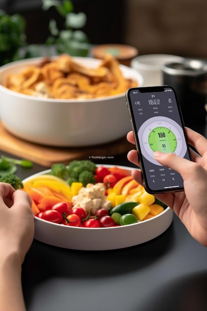 a person holding a smart phone in front of a bowl of vegetables