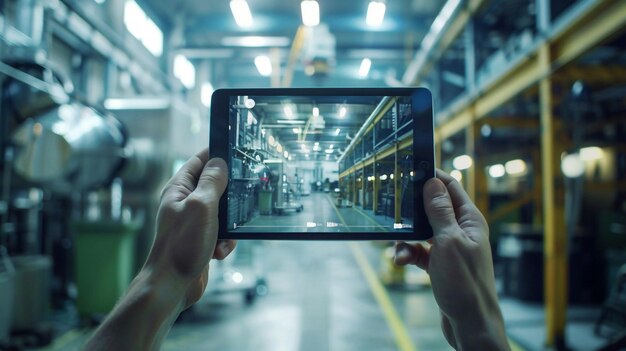 a person holding a smart phone in front of a warehouse