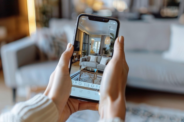 A person holding a smart phone taking a picture of a living room