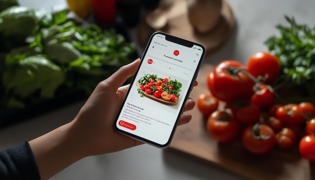 Person Holding Smartphone Showing an Online Recipe for Fresh Tomatoes