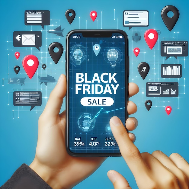 A person holding a smartphone with Black Friday sale notifications isolated on a plain digital blue