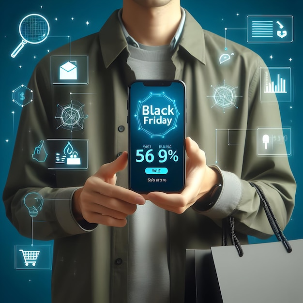 A person holding a smartphone with Black Friday sale notifications isolated on a plain digital blue