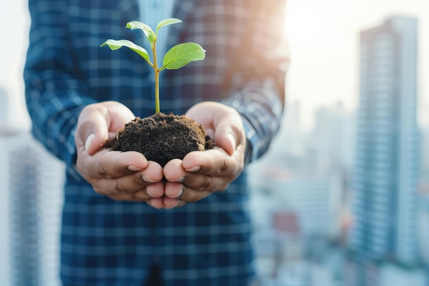 Person holding a soil with young plant against a city background