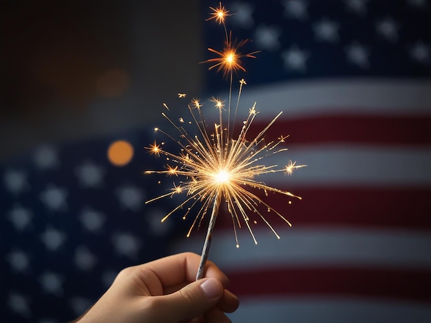 a person holding a sparkler with the american flag in the background