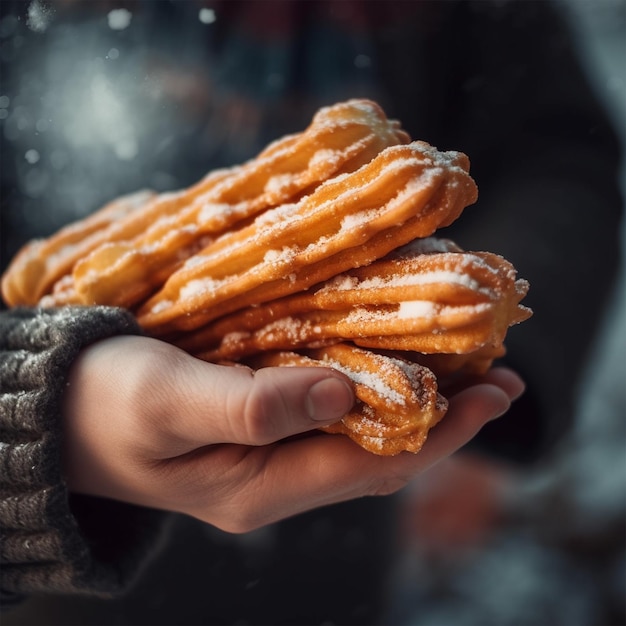 A person holding a stack of churros in their hands.