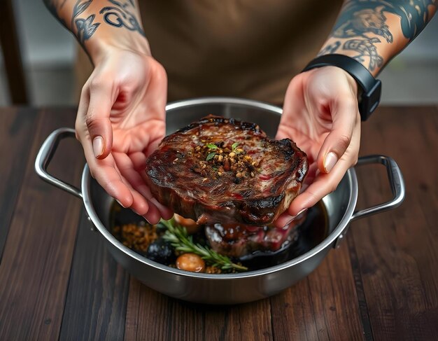 Photo a person holding a steak with a tattoo of a tasty meat on the top of it