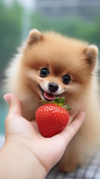 a person holding a strawberry and a dog with a strawberry in the background