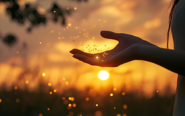 Photo a person holding a sun in their hands with the sun setting behind them