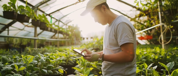 Photo a person holding a tablet among lush plants in a sunlit greenhouse focused on digital farming practices