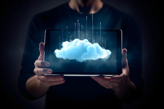 A person holding a tablet with a cloud on the screen