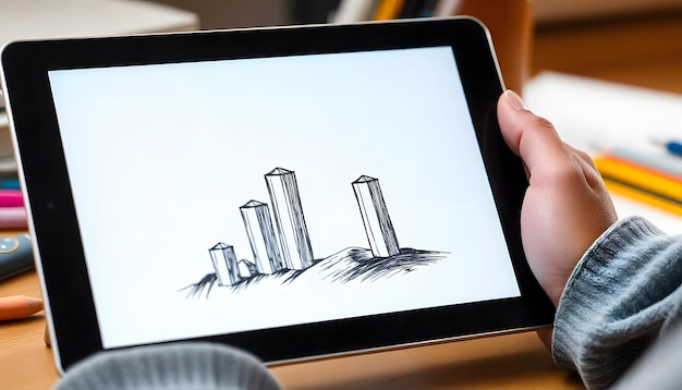 Photo a person holding a tablet with a drawing of buildings on it