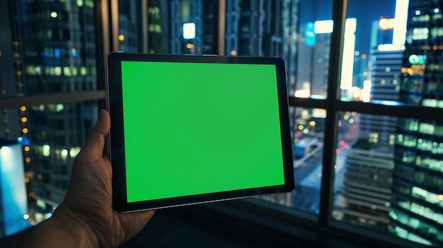 Photo a person holding a tablet with a green screen that says green screen