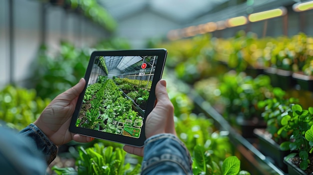 Photo a person holding a tablet with a picture of a garden on it