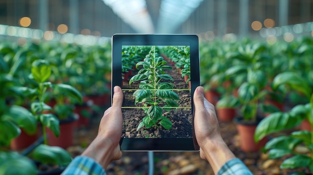 Photo a person holding a tablet with a picture of a plant on it