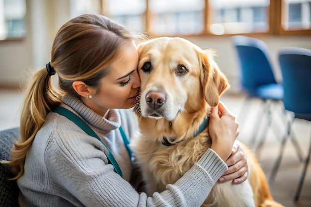 Photo person holding therapy dog feeling comforted by pets presence