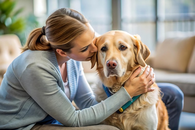 Photo person holding therapy dog feeling comforted by pets presence