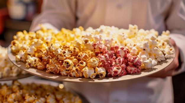 A person holding a tray filled with different types of gourmet popcorn samplers ready to be handed