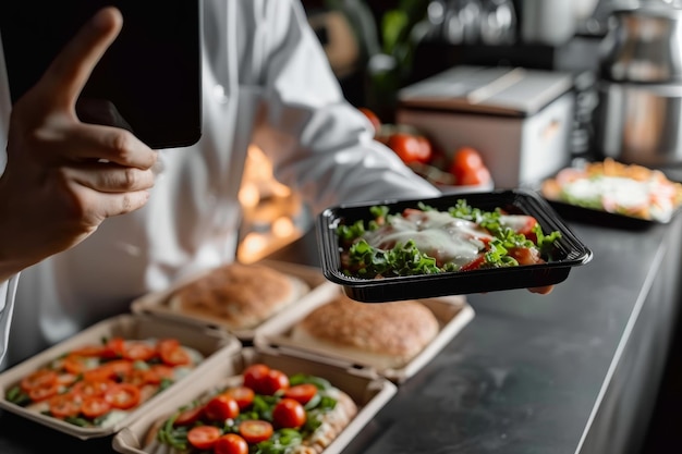 Photo a person holding a tray filled with food items a seamless ordering process for a hasslefree delivery experience