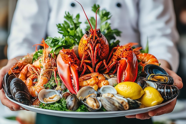 a person holding a tray of lobsters and seafood