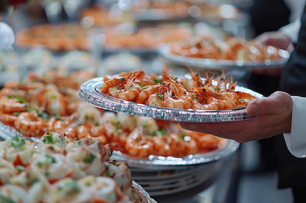 a person holding a tray of shrimp with shrimp on it