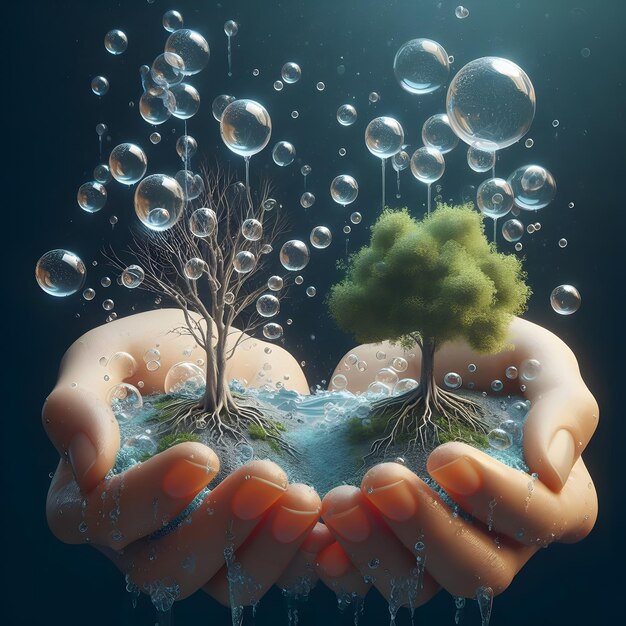 a person holding a tree and water bubbles with a tree in the background