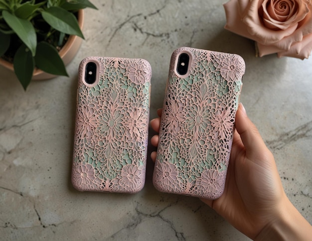 Photo a person holding two pink cell phones with the words clover on the back