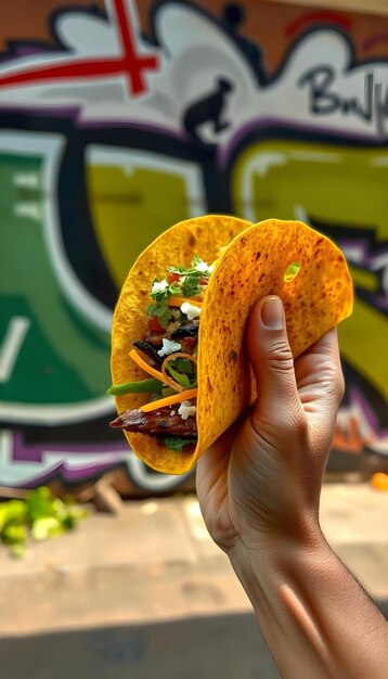 Photo a person holding two taco pizzas with a graffiti background