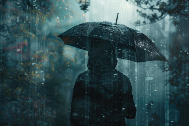 A person holding an umbrella in the rain