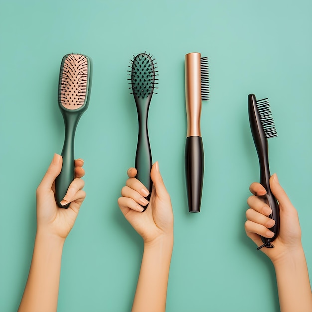 Photo a person holding up brush with different bristles on a green background