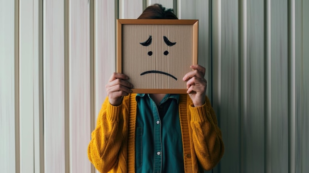 Photo person holding up a picture frame in front of their face which contains a simple drawing of a sad face on a fabric background