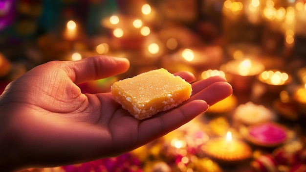 Photo a person holding up a piece of food that is shaped like a square of butter