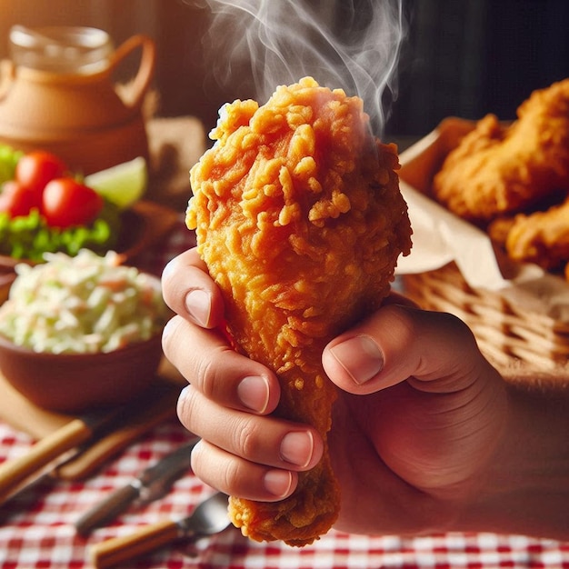 Photo a person holding up a piece of fried chicken with a red and white checkered tablecloth