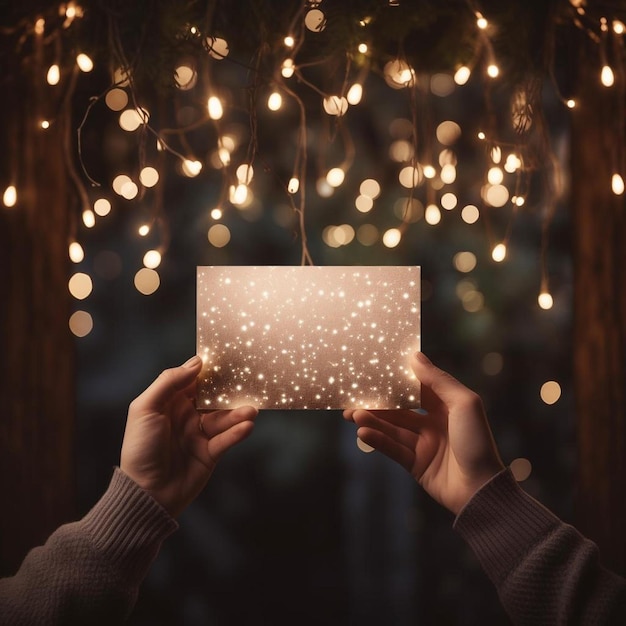 Photo a person holding up a piece of paper with lights in the background