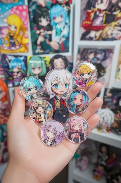 a person holding up some buttons with anime on them