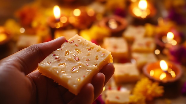 Photo a person holding up a square of cheese with candles in the background