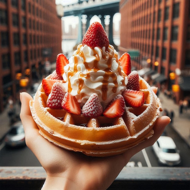 Photo a person holding a waffle with whipped cream and strawberries on it