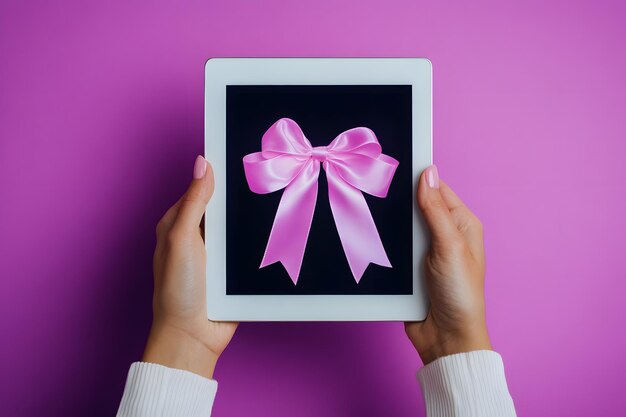 a person holding a white ipad with a pink ribbon on it