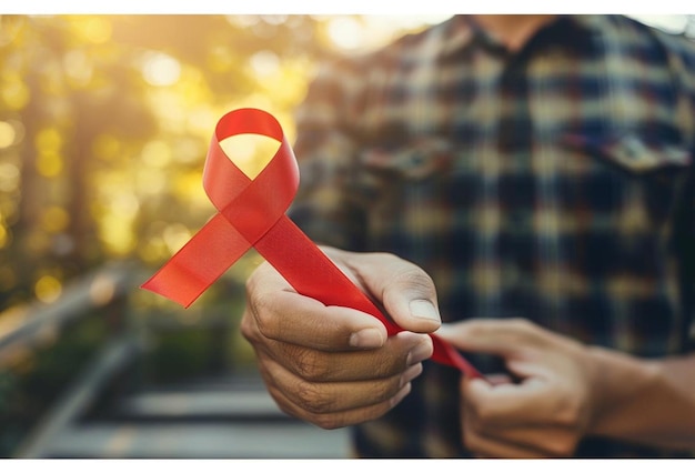 Person holding an world aids day ribbon symbol with the event date