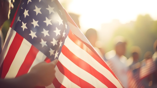 A person holds an american flag in front of a crowd.