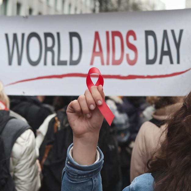 Photo a person holds a banner that says world aids day