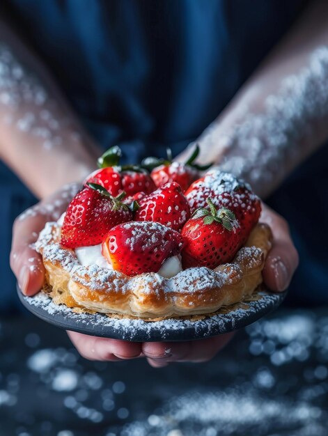 a person holds a cake with strawberries and powdered sugar