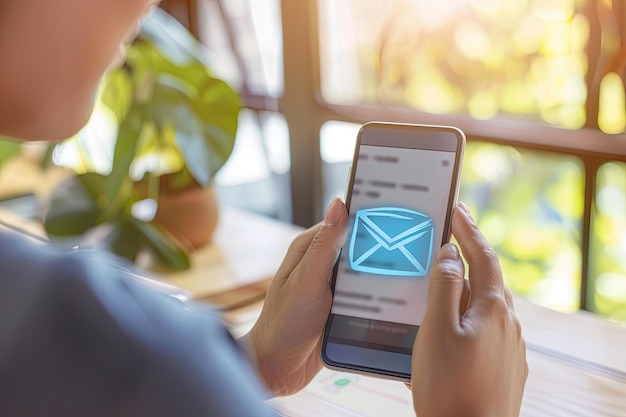 Photo a person holds a cell phone with email icon on screen