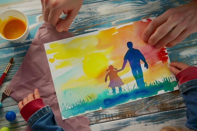 Photo a person holds a childs hand over a painting in a heartfelt moment of bonding and creativity a handmade card from a child to their father