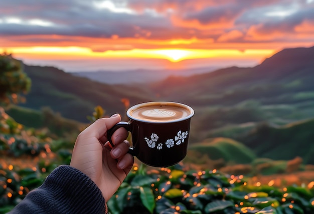 Photo a person holds a coffee cup while enjoying a scenic sunrise over a mountain valley