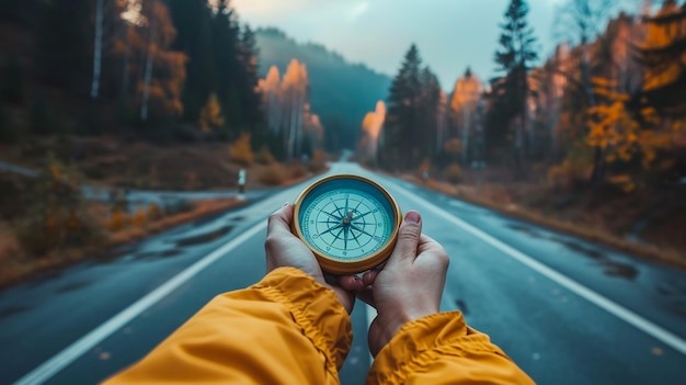 Photo a person holds a compass in their hand on a road with trees in the background