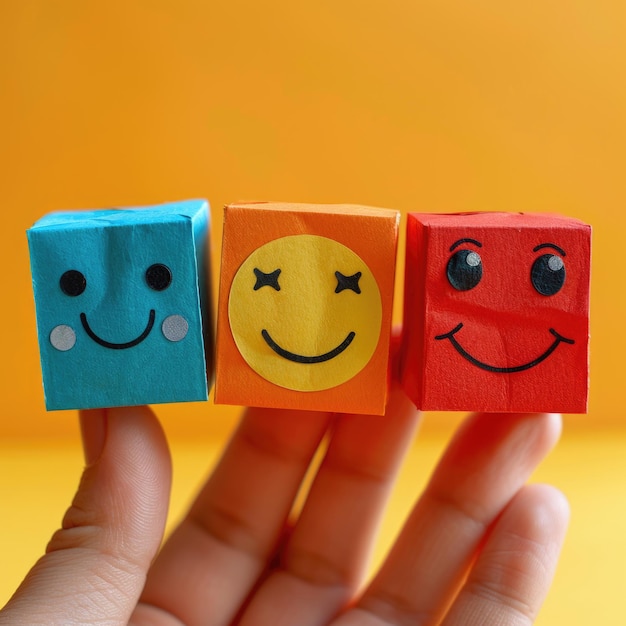 a person holds cubes with one that says smiley face