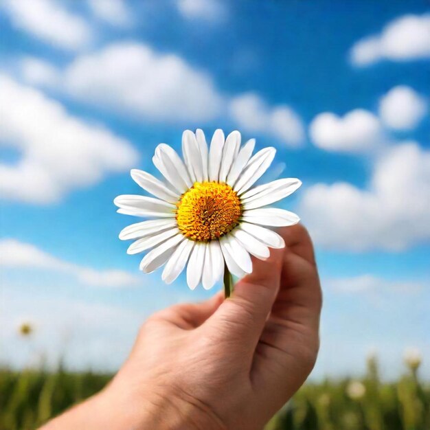 a person holds a daisy in their hand