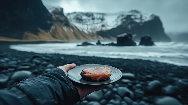 Photo a person holds a dessert plate against a dramatic coastal backdrop