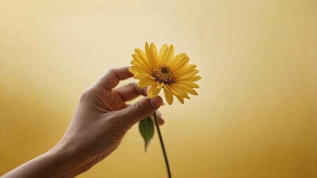 a person holds a flower that has a yellow flower in it